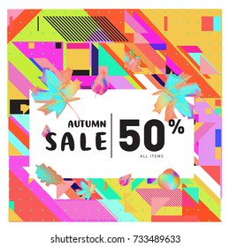 Autumn sale memphis style web banner. Fashion and travel discount poster. Vector holiday Abstract colorful illustration with special offer and promotion.