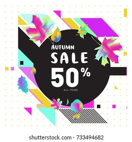 Autumn sale memphis style web banner. Fashion and travel discount poster. Vector holiday Abstract colorful illustration with special offer and promotion.