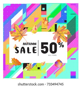 Autumn sale memphis style web banner. Fashion and travel discount poster. Vector holiday Abstract colorful illustration with special offer and promotion.