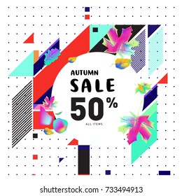 Autumn sale memphis style web banner. Fashion and travel discount poster. Vector holiday Abstract colorful illustration with special offer and promotion.