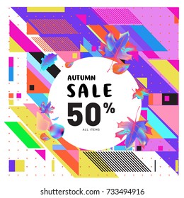 Autumn sale memphis style web banner. Fashion and travel discount poster. Vector holiday Abstract colorful illustration with special offer and promotion.