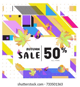 Autumn sale memphis style web banner. Fashion and travel discount poster. Vector holiday Abstract colorful illustration with special offer and promotion.