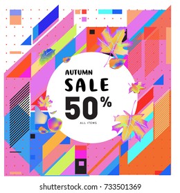 Autumn sale memphis style web banner. Fashion and travel discount poster. Vector holiday Abstract colorful illustration with special offer and promotion.
