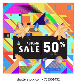 Autumn sale memphis style web banner. Fashion and travel discount poster. Vector holiday Abstract colorful illustration with special offer and promotion.