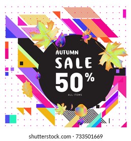 Autumn sale memphis style web banner. Fashion and travel discount poster. Vector holiday Abstract colorful illustration with special offer and promotion.
