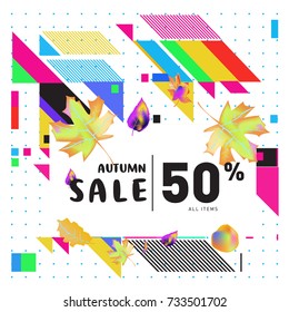 Autumn sale memphis style web banner. Fashion and travel discount poster. Vector holiday Abstract colorful illustration with special offer and promotion.