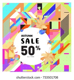Autumn sale memphis style web banner. Fashion and travel discount poster. Vector holiday Abstract colorful illustration with special offer and promotion.