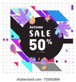 Autumn sale memphis style web banner. Fashion and travel discount poster. Vector holiday Abstract colorful illustration with special offer and promotion.