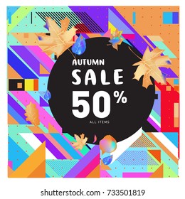 Autumn sale memphis style web banner. Fashion and travel discount poster. Vector holiday Abstract colorful illustration with special offer and promotion.