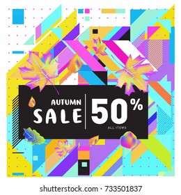 Autumn sale memphis style web banner. Fashion and travel discount poster. Vector holiday Abstract colorful illustration with special offer and promotion.