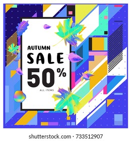 Autumn sale memphis style web banner. Fashion and travel discount poster. Vector holiday Abstract colorful illustration with special offer and promotion.