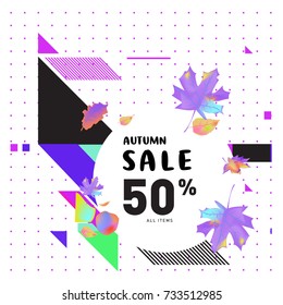 Autumn sale memphis style web banner. Fashion and travel discount poster. Vector holiday Abstract colorful illustration with special offer and promotion.