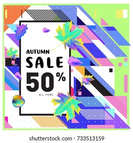 Autumn sale memphis style web banner. Fashion and travel discount poster. Vector holiday Abstract colorful illustration with special offer and promotion.