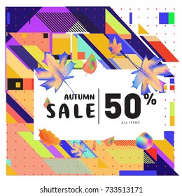 Autumn sale memphis style web banner. Fashion and travel discount poster. Vector holiday Abstract colorful illustration with special offer and promotion.