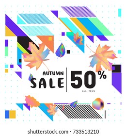 Autumn sale memphis style web banner. Fashion and travel discount poster. Vector holiday Abstract colorful illustration with special offer and promotion.
