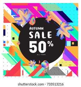 Autumn sale memphis style web banner. Fashion and travel discount poster. Vector holiday Abstract colorful illustration with special offer and promotion.