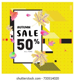 Autumn sale memphis style web banner. Fashion and travel discount poster. Vector holiday Abstract colorful illustration with special offer and promotion.