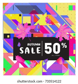 Autumn sale memphis style web banner. Fashion and travel discount poster. Vector holiday Abstract colorful illustration with special offer and promotion.