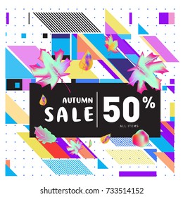 Autumn sale memphis style web banner. Fashion and travel discount poster. Vector holiday Abstract colorful illustration with special offer and promotion.