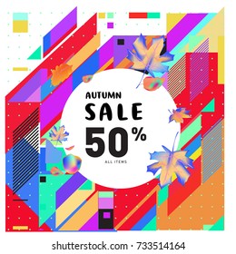 Autumn sale memphis style web banner. Fashion and travel discount poster. Vector holiday Abstract colorful illustration with special offer and promotion.