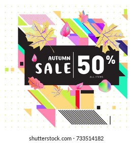 Autumn sale memphis style web banner. Fashion and travel discount poster. Vector holiday Abstract colorful illustration with special offer and promotion.