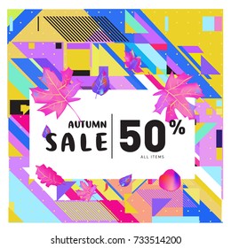 Autumn sale memphis style web banner. Fashion and travel discount poster. Vector holiday Abstract colorful illustration with special offer and promotion.