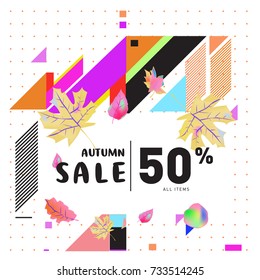 Autumn sale memphis style web banner. Fashion and travel discount poster. Vector holiday Abstract colorful illustration with special offer and promotion.