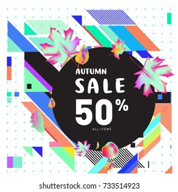 Autumn sale memphis style web banner. Fashion and travel discount poster. Vector holiday Abstract colorful illustration with special offer and promotion.
