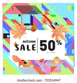 Autumn sale memphis style web banner. Fashion and travel discount poster. Vector holiday Abstract colorful illustration with special offer and promotion.