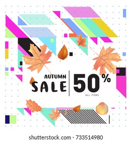 Autumn sale memphis style web banner. Fashion and travel discount poster. Vector holiday Abstract colorful illustration with special offer and promotion.
