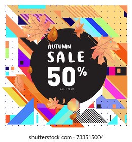 Autumn sale memphis style web banner. Fashion and travel discount poster. Vector holiday Abstract colorful illustration with special offer and promotion.
