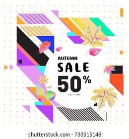 Autumn sale memphis style web banner. Fashion and travel discount poster. Vector holiday Abstract colorful illustration with special offer and promotion.
