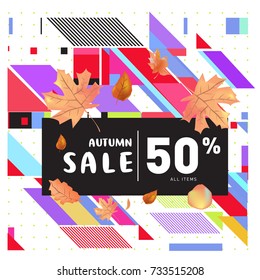 Autumn sale memphis style web banner. Fashion and travel discount poster. Vector holiday Abstract colorful illustration with special offer and promotion.