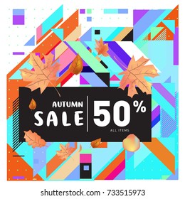 Autumn sale memphis style web banner. Fashion and travel discount poster. Vector holiday Abstract colorful illustration with special offer and promotion.
