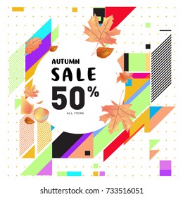 Autumn sale memphis style web banner. Fashion and travel discount poster. Vector holiday Abstract colorful illustration with special offer and promotion.