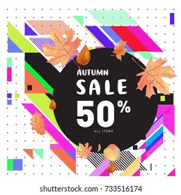 Autumn sale memphis style web banner. Fashion and travel discount poster. Vector holiday Abstract colorful illustration with special offer and promotion.