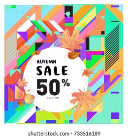 Autumn sale memphis style web banner. Fashion and travel discount poster. Vector holiday Abstract colorful illustration with special offer and promotion.