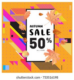 Autumn sale memphis style web banner. Fashion and travel discount poster. Vector holiday Abstract colorful illustration with special offer and promotion.