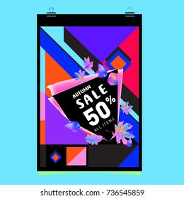 Autumn sale memphis style web banner. Fashion and travel discount poster. Vector holiday Abstract colorful illustration with special offer and promotion.