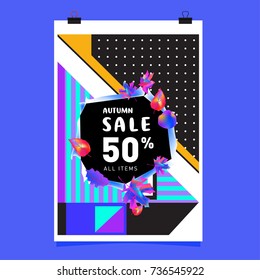 Autumn sale memphis style web banner. Fashion and travel discount poster. Vector holiday Abstract colorful illustration with special offer and promotion.