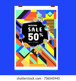 Autumn sale memphis style web banner. Fashion and travel discount poster. Vector holiday Abstract colorful illustration with special offer and promotion.