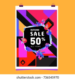 Autumn sale memphis style web banner. Fashion and travel discount poster. Vector holiday Abstract colorful illustration with special offer and promotion.