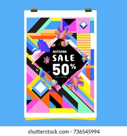 Autumn sale memphis style web banner. Fashion and travel discount poster. Vector holiday Abstract colorful illustration with special offer and promotion.
