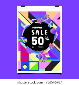 Autumn sale memphis style web banner. Fashion and travel discount poster. Vector holiday Abstract colorful illustration with special offer and promotion.