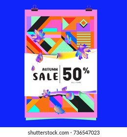 Autumn sale memphis style web banner. Fashion and travel discount poster. Vector holiday Abstract colorful illustration with special offer and promotion.