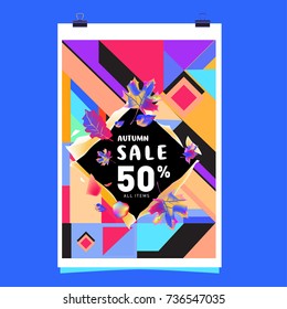 Autumn sale memphis style web banner. Fashion and travel discount poster. Vector holiday Abstract colorful illustration with special offer and promotion.