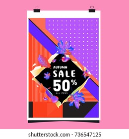 Autumn sale memphis style web banner. Fashion and travel discount poster. Vector holiday Abstract colorful illustration with special offer and promotion.