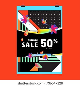 Autumn sale memphis style web banner. Fashion and travel discount poster. Vector holiday Abstract colorful illustration with special offer and promotion.