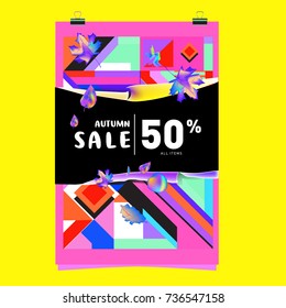 Autumn sale memphis style web banner. Fashion and travel discount poster. Vector holiday Abstract colorful illustration with special offer and promotion.