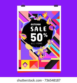 Autumn sale memphis style web banner. Fashion and travel discount poster. Vector holiday Abstract colorful illustration with special offer and promotion.